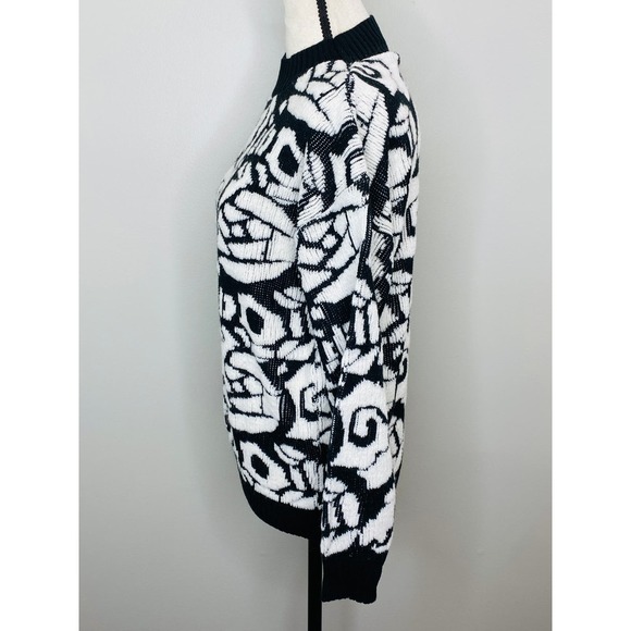 Vintage 80s Black White Sweater Women Medium Casual Preppy Retro Bold Floral - Picture 5 of 7
